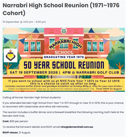 Narrabri High School Reunion (1971-1976 Cohort)